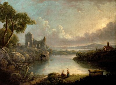 Scène de rivière avec mer et ruines classiques - Richard Wilson